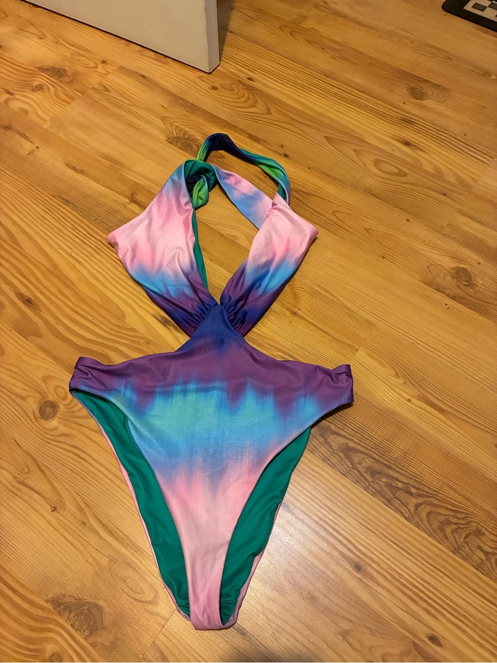 Aqua Bendita Multicolor Tie-Dye One-Piece Swimsuit Halter Backless Size M tall